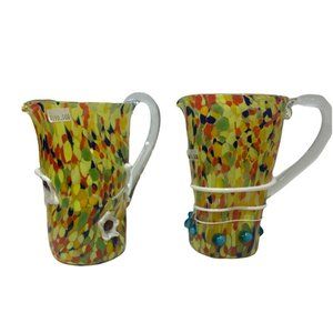 Lot Vintage Murano Venezia Hand Blown Glass Pitchers Confetti Flower Appliqué 3D